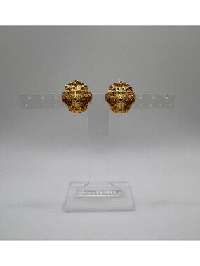 Vintage Gold Tone Lion Head Clip Earrings Bold Statement Runway Style Retro 80’s